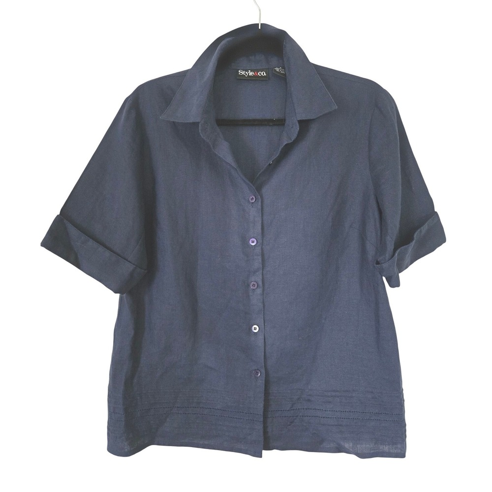 Style & Co Womens M Navy Blue 100% Linen Short Sleeve Pintuck Button Down Shirt